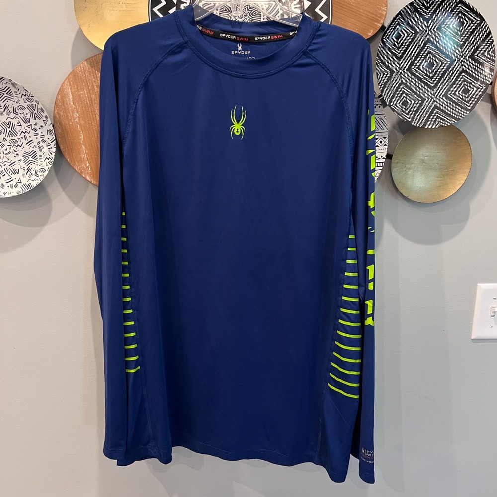 Spyder Mens Rash Guard Long Sleeve Navy Blue Lime Green UPF 30+ Swim Shirt L
